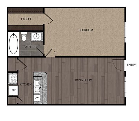 Floor plan for 1 bed, 1 bath, 615 sqft